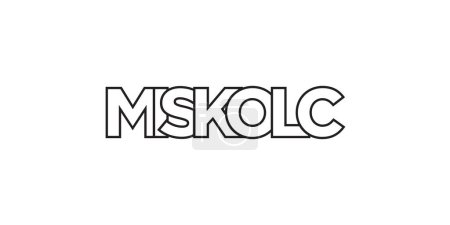 Ilustración de Miskolc en el emblema de Hungría para imprimir y web. El diseño presenta un estilo geométrico, ilustración vectorial con tipografía en negrita en fuente moderna. Letras de eslogan gráfico aisladas sobre fondo blanco. - Imagen libre de derechos