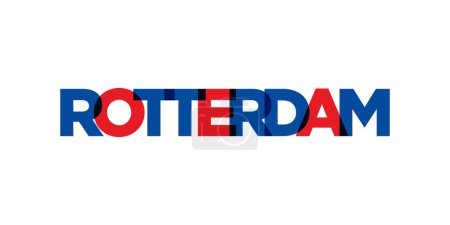 Téléchargez les illustrations : Rotterdam aux Pays-Bas emblème pour l'impression et le web. Design dispose d'un style géométrique, illustration vectorielle avec typographie en gras dans la police moderne. Lettrage slogan graphique isolé sur fond blanc. - en licence libre de droit