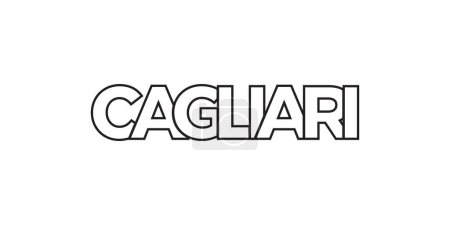 Téléchargez les illustrations : Cagliari dans l'emblème Italia pour l'impression et le web. Design dispose d'un style géométrique, illustration vectorielle avec typographie en gras dans la police moderne. Lettrage slogan graphique isolé sur fond blanc. - en licence libre de droit