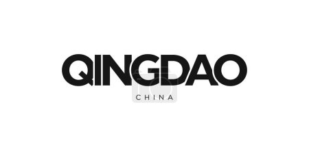 Ilustración de Qingdao en el emblema de China para imprimir y web. El diseño presenta un estilo geométrico, ilustración vectorial con tipografía en negrita en fuente moderna. Letras de eslogan gráfico aisladas sobre fondo blanco. - Imagen libre de derechos