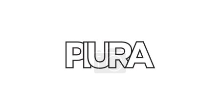 Ilustración de Piura en el emblema de Perú para impresión y web. El diseño presenta un estilo geométrico, ilustración vectorial con tipografía en negrita en fuente moderna. Letras de eslogan gráfico aisladas sobre fondo blanco. - Imagen libre de derechos