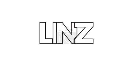 Ilustración de Linz en el emblema de Austria para la impresión y la web. El diseño presenta un estilo geométrico, ilustración vectorial con tipografía en negrita en fuente moderna. Letras de eslogan gráfico aisladas sobre fondo blanco. - Imagen libre de derechos