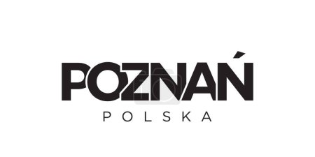 Ilustración de Poznan en el emblema de Polonia para la impresión y la web. El diseño presenta un estilo geométrico, ilustración vectorial con tipografía en negrita en fuente moderna. Letras de eslogan gráfico aisladas sobre fondo blanco. - Imagen libre de derechos