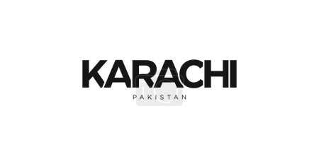 Téléchargez les illustrations : Karachi dans l'emblème pakistanais pour l'impression et le web. Design dispose d'un style géométrique, illustration vectorielle avec typographie en gras dans la police moderne. Lettrage slogan graphique isolé sur fond blanc. - en licence libre de droit