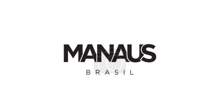Ilustración de Manaus en el emblema de Brasil para imprimir y web. El diseño presenta un estilo geométrico, ilustración vectorial con tipografía en negrita en fuente moderna. Letras de eslogan gráfico aisladas sobre fondo blanco. - Imagen libre de derechos