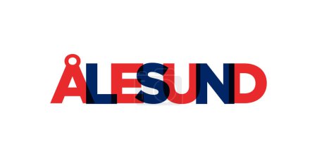 Alesund en el emblema de Noruega para la impresión y la web. El diseño presenta un estilo geométrico, ilustración vectorial con tipografía en negrita en fuente moderna. Letras de eslogan gráfico aisladas sobre fondo blanco.