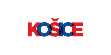 Illustration for Kosice in the Slovakia emblem for print and web. Design features geometric style, vector illustration with bold typography in modern font. Graphic slogan lettering isolated on white background. - Royalty Free Image