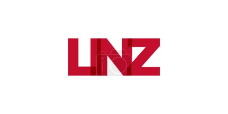 Ilustración de Linz en el emblema de Austria para la impresión y la web. El diseño presenta un estilo geométrico, ilustración vectorial con tipografía en negrita en fuente moderna. Letras de eslogan gráfico aisladas sobre fondo blanco. - Imagen libre de derechos