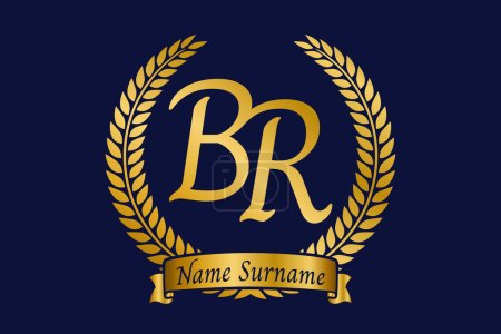 Lettre initiale B et R, logo monogramme BR avec couronne de laurier. Emblème doré de luxe avec police de calligraphie.