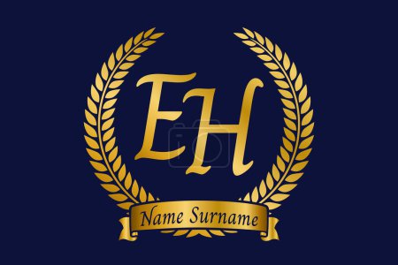 Anfangsbuchstaben E und H, EH Monogramm Logo-Design mit Lorbeerkranz. Luxuriöses goldenes Emblem mit Kalligrafie-Schrift.