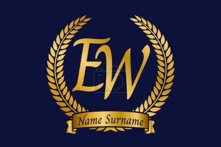 Initial letter E and W, EW monogram logo design with laurel wreath. Luxury golden emblem with calligraphy font.