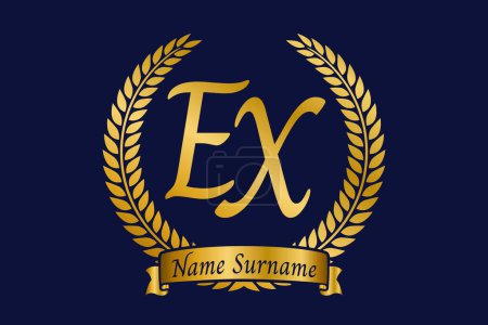 Anfangsbuchstaben E und X, EX-Monogramm-Logo-Design mit Lorbeerkranz. Luxuriöses goldenes Emblem mit Kalligrafie-Schrift.