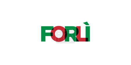 Forli en el emblema de Italia para la impresión y la web. El diseño presenta un estilo geométrico, ilustración vectorial con tipografía en negrita en fuente moderna. Letras de eslogan gráfico aisladas sobre fondo blanco.