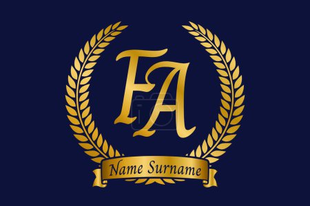 Initial letter F and A, FA monogram logo design with laurel wreath. Luxury golden emblem with calligraphy font.