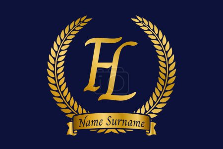 Initial letter F and L, FL monogram logo design with laurel wreath. Luxury golden emblem with calligraphy font.