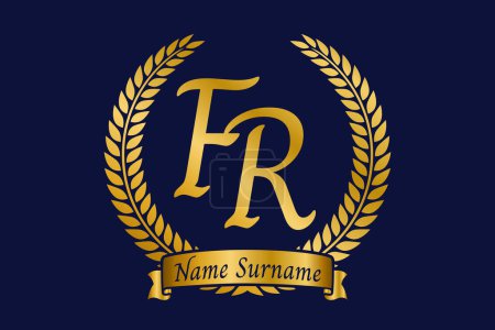 Initial letter F and R, FR monogram logo design with laurel wreath. Luxury golden emblem with calligraphy font.