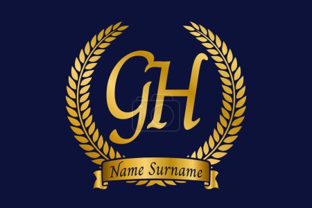 Lettre initiale G et H, GH logo monogramme design avec couronne de laurier. Emblème doré de luxe avec police de calligraphie.