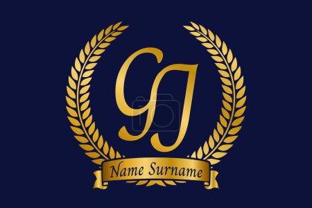 Initial letter G and J, GJ monogram logo design with laurel wreath. Luxury golden emblem with calligraphy font.