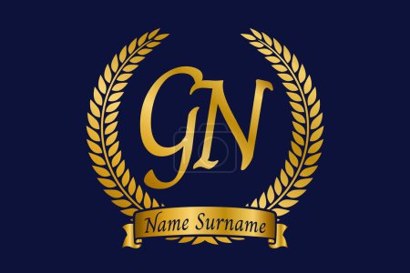 Letra inicial G y N, diseño del logotipo del monograma de GN con corona de laurel. Lujo emblema dorado con fuente calligraphy.