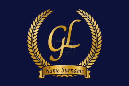 Initial letter G and L, GL monogram logo design with laurel wreath. Luxury golden emblem with calligraphy font.
