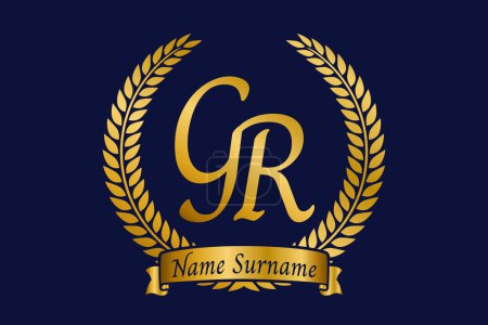 Initial letter G and R, GR monogram logo design with laurel wreath. Luxury golden emblem with calligraphy font.