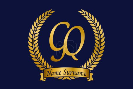Initial letter G and Q, GQ monogram logo design with laurel wreath. Luxury golden emblem with calligraphy font.