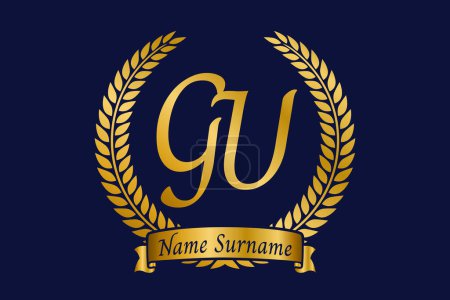 Lettre initiale G et U, logo monogramme GU avec couronne de laurier. Emblème doré de luxe avec police de calligraphie.