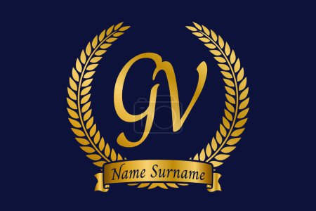 Lettre initiale G et V, logo monogramme GV avec couronne de laurier. Emblème doré de luxe avec police de calligraphie.