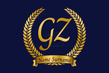 Initial letter G and Z, GZ monogram logo design with laurel wreath. Luxury golden emblem with calligraphy font.