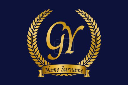 Lettre initiale G et Y, logo monogramme GY avec couronne de laurier. Emblème doré de luxe avec police de calligraphie.