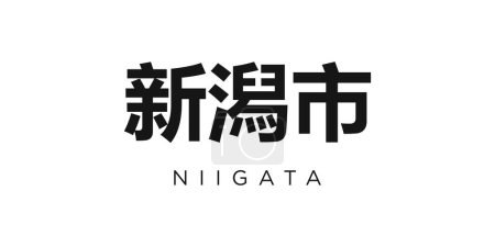 Niigata en el emblema de Japón para impresión y web. El diseño presenta un estilo geométrico, ilustración vectorial con tipografía en negrita en fuente moderna. Letras de eslogan gráfico aisladas sobre fondo blanco.
