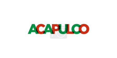 Acapulco en el emblema de México para impresión y web. El diseño presenta un estilo geométrico, ilustración vectorial con tipografía en negrita en fuente moderna. Letras de eslogan gráfico aisladas sobre fondo blanco.