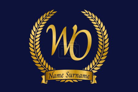 Initial letter W and O, WO monogram logo design with laurel wreath. Luxury golden emblem with calligraphy font.