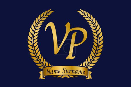 Letra inicial V y P, diseño del logotipo del monograma VP con corona de laurel. Lujo emblema dorado con fuente calligraphy.