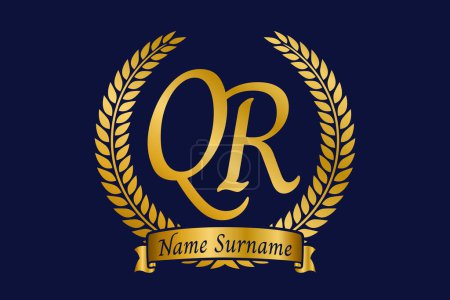 Initial letter Q and R, QR monogram logo design with laurel wreath. Luxury golden emblem with calligraphy font.