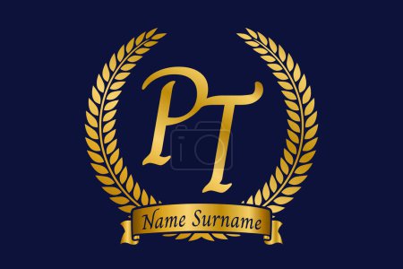 Lettre initiale P et T, logo monogramme PT avec couronne de laurier. Emblème doré de luxe avec police de calligraphie.