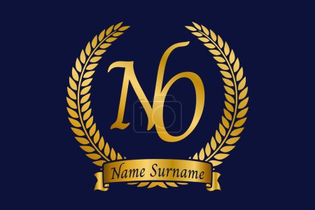 Lettre initiale N et O, NO logo monogramme avec couronne de laurier. Emblème doré de luxe avec police de calligraphie.