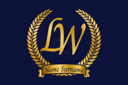 Letra inicial L y W, diseño del logotipo del monograma LW con corona de laurel. Lujo emblema dorado con fuente calligraphy.