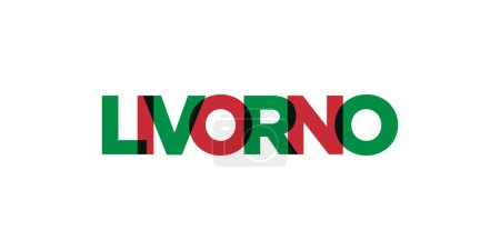 Livorno en el emblema de Italia para imprimir y web. El diseño presenta un estilo geométrico, ilustración vectorial con tipografía en negrita en fuente moderna. Letras de eslogan gráfico aisladas sobre fondo blanco.