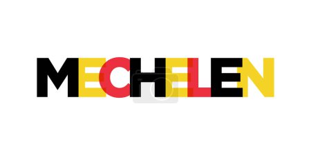Mechelen en el emblema de Bélgica para imprimir y web. El diseño presenta un estilo geométrico, ilustración vectorial con tipografía en negrita en fuente moderna. Letras de eslogan gráfico aisladas sobre fondo blanco.