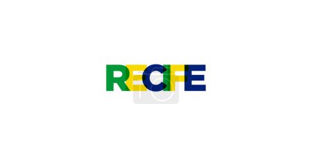 Recife en el emblema de Brasil para impresión y web. El diseño presenta un estilo geométrico, ilustración vectorial con tipografía en negrita en fuente moderna. Letras de eslogan gráfico aisladas sobre fondo blanco.