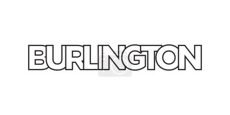 Burlington en el emblema de Canadá para imprimir y web. El diseño presenta un estilo geométrico, ilustración vectorial con tipografía en negrita en fuente moderna. Letras de eslogan gráfico aisladas sobre fondo blanco.