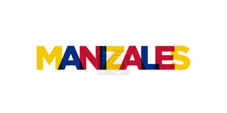 Manizales in the Colombia emblem for print and web. Design features geometric style, vector illustration with bold typography in modern font. Graphic slogan lettering isolated on white background.