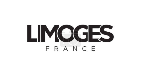 Limoges en el emblema de Francia para la impresión y la web. El diseño presenta un estilo geométrico, ilustración vectorial con tipografía en negrita en fuente moderna. Letras de eslogan gráfico aisladas sobre fondo blanco.