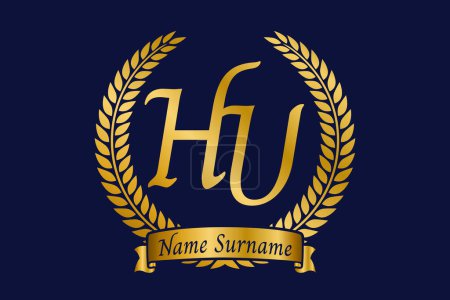 Anfangsbuchstaben H und U, HU-Monogramm-Logo mit Lorbeerkranz. Luxuriöses goldenes Emblem mit Kalligrafie-Schrift.