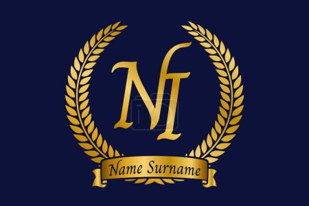 Letra inicial N e I, diseño del logotipo del monograma NI con corona de laurel. Lujo emblema dorado con fuente calligraphy.