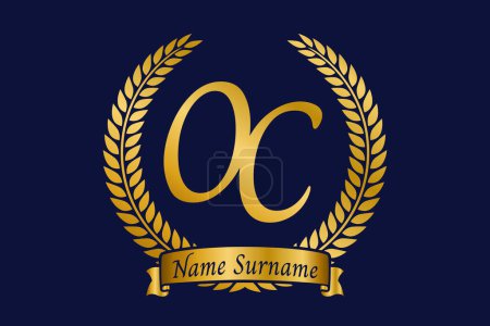 Letra inicial O y C, diseño del logotipo del monograma OC con corona de laurel. Lujo emblema dorado con fuente calligraphy.