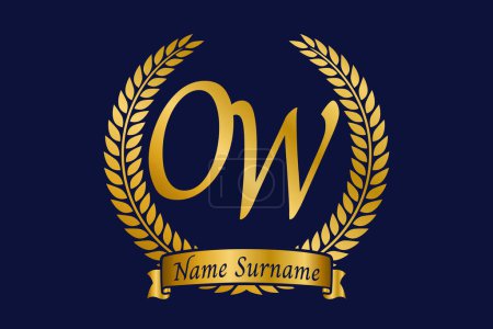Initial letter O and W, OW monogram logo design with laurel wreath. Luxury golden emblem with calligraphy font.