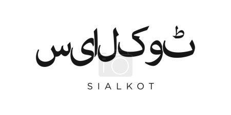 Sialkot en el emblema de Pakistán para imprimir y web. El diseño presenta un estilo geométrico, ilustración vectorial con tipografía en negrita en fuente moderna. Letras de eslogan gráfico aisladas sobre fondo blanco.