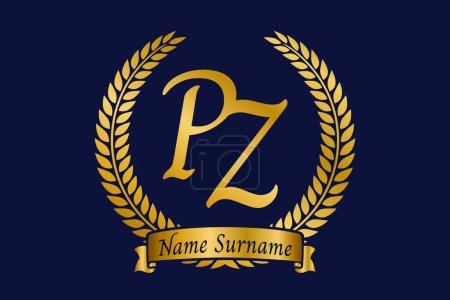 Initial letter P and Z, PZ monogram logo design with laurel wreath. Luxury golden emblem with calligraphy font.